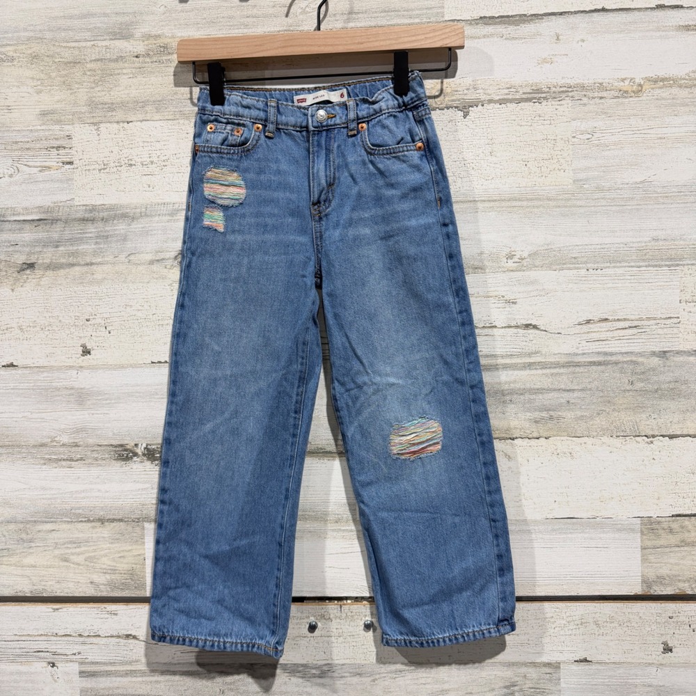 Levi Wide Leg Jeans Girls Size 6 Blue 100% Cotton Distressed Rainbow Boho 90s